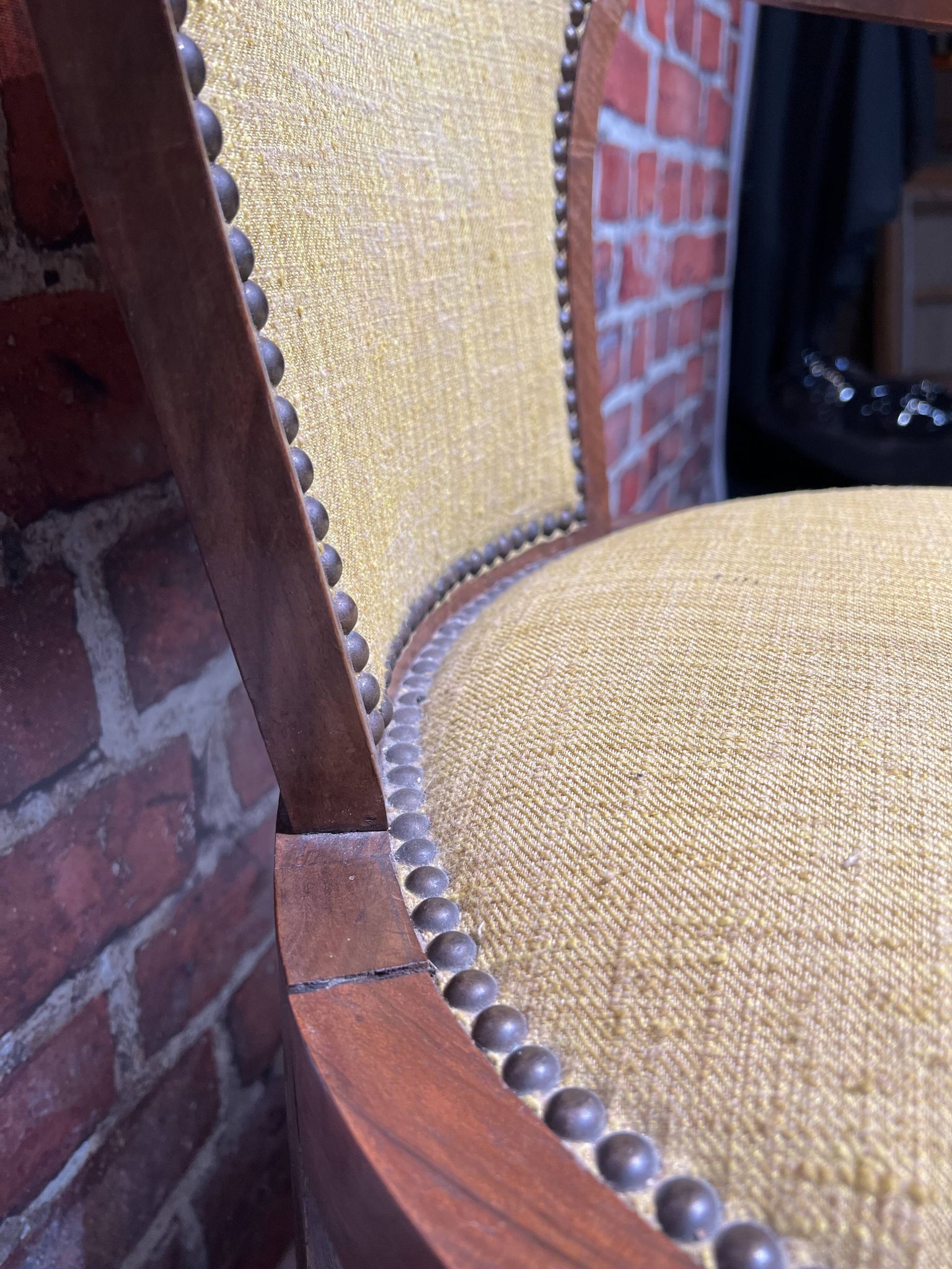 Set of a chair and an armchair in wood and yellow fabric