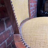 Set of a chair and an armchair in wood and yellow fabric