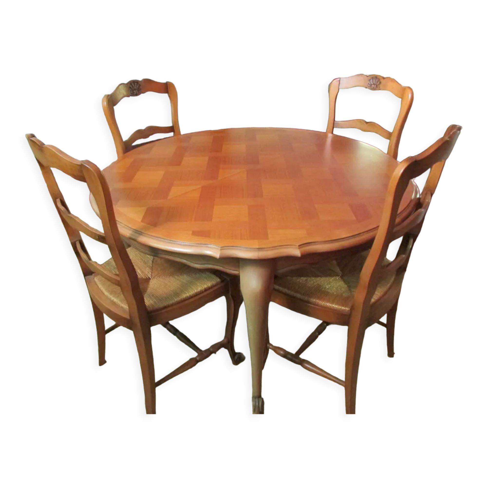 Extendable table and 4 straw chairs, cherry wood