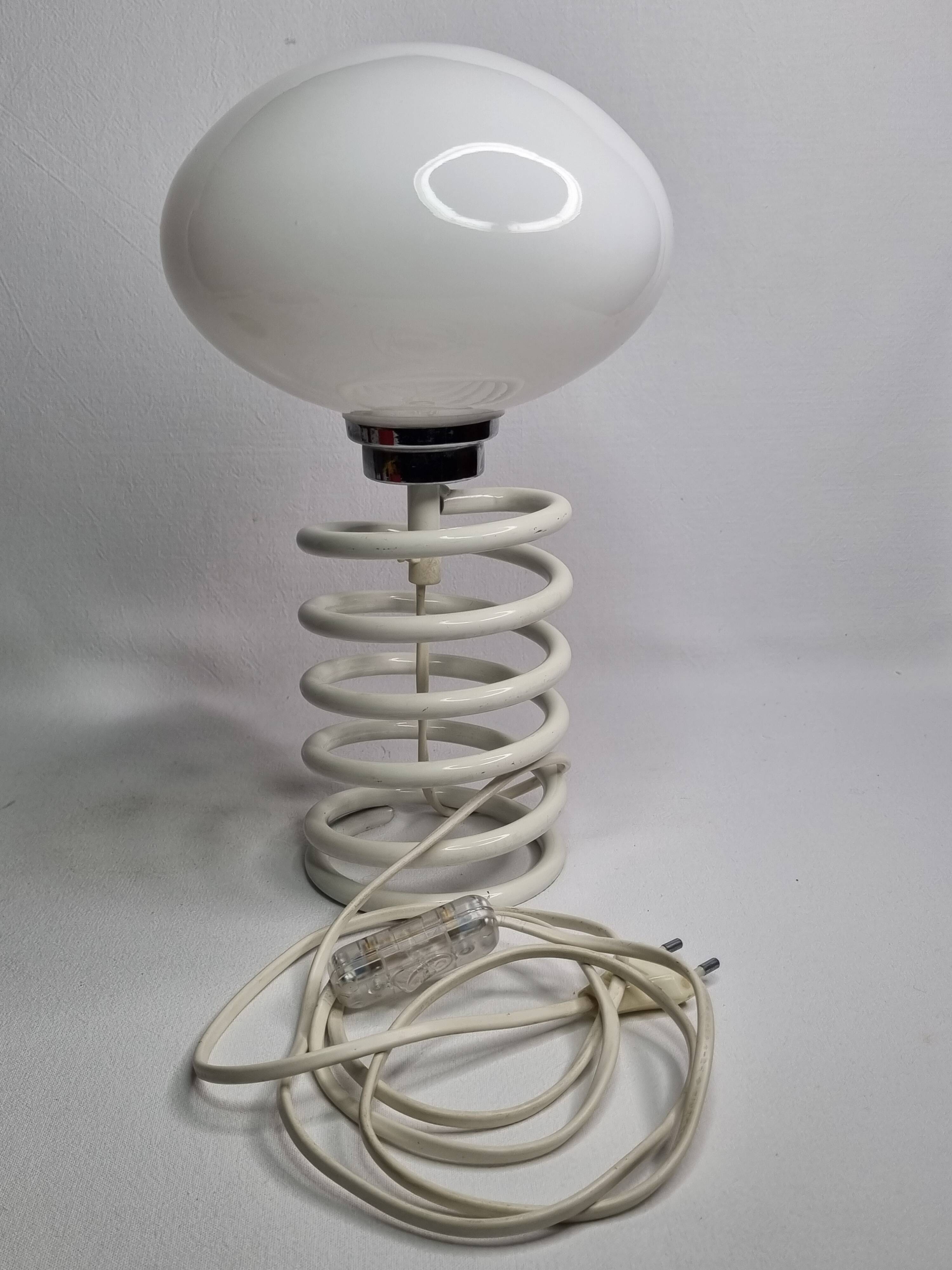 Vintage table lamp with spring base, opaline globe, Maurer style, 80s