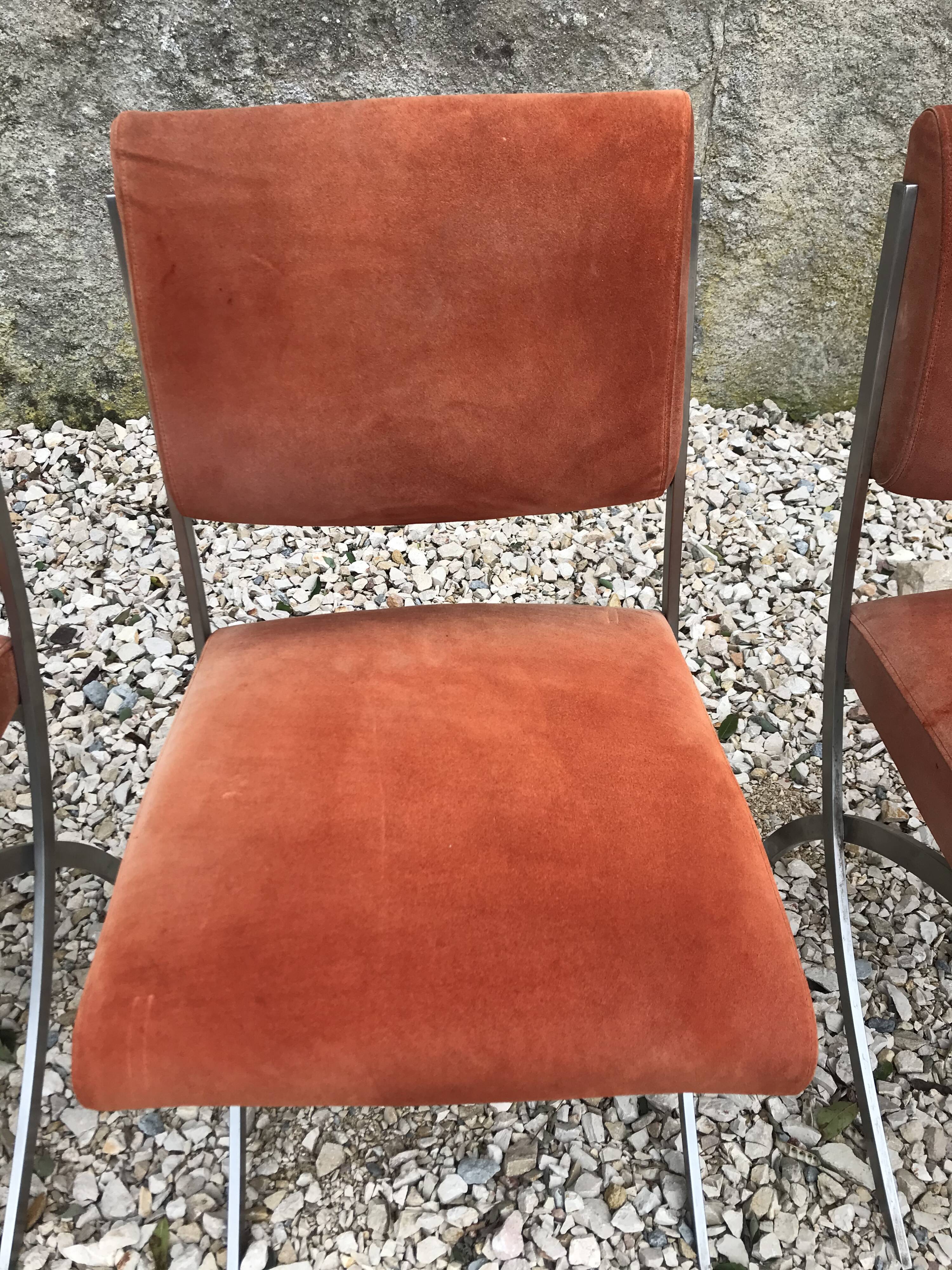 Suite of 4 vintage orange chairs 1970 steel and suede