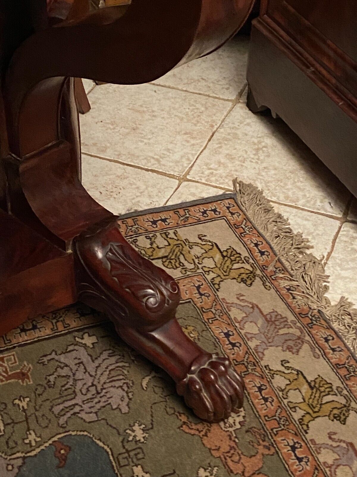 Console on legs claws to a drawer mahogany marble tray Restoration