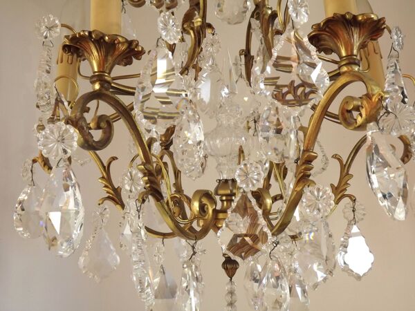 Lustre Art nouveau français à 6 lumières en bronze et cristal Acanthus 5552