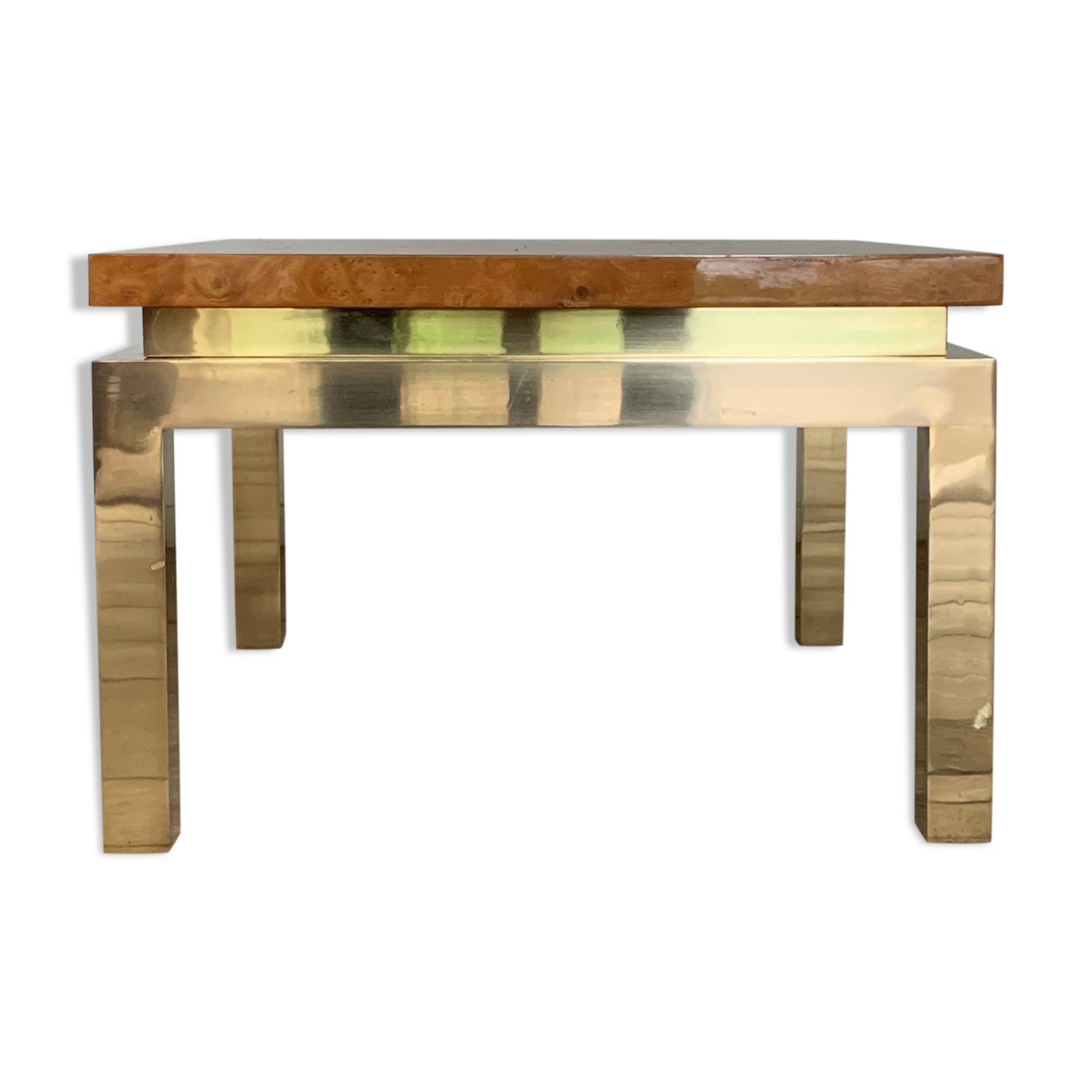 Table basse laiton et loupe d’orme vintage