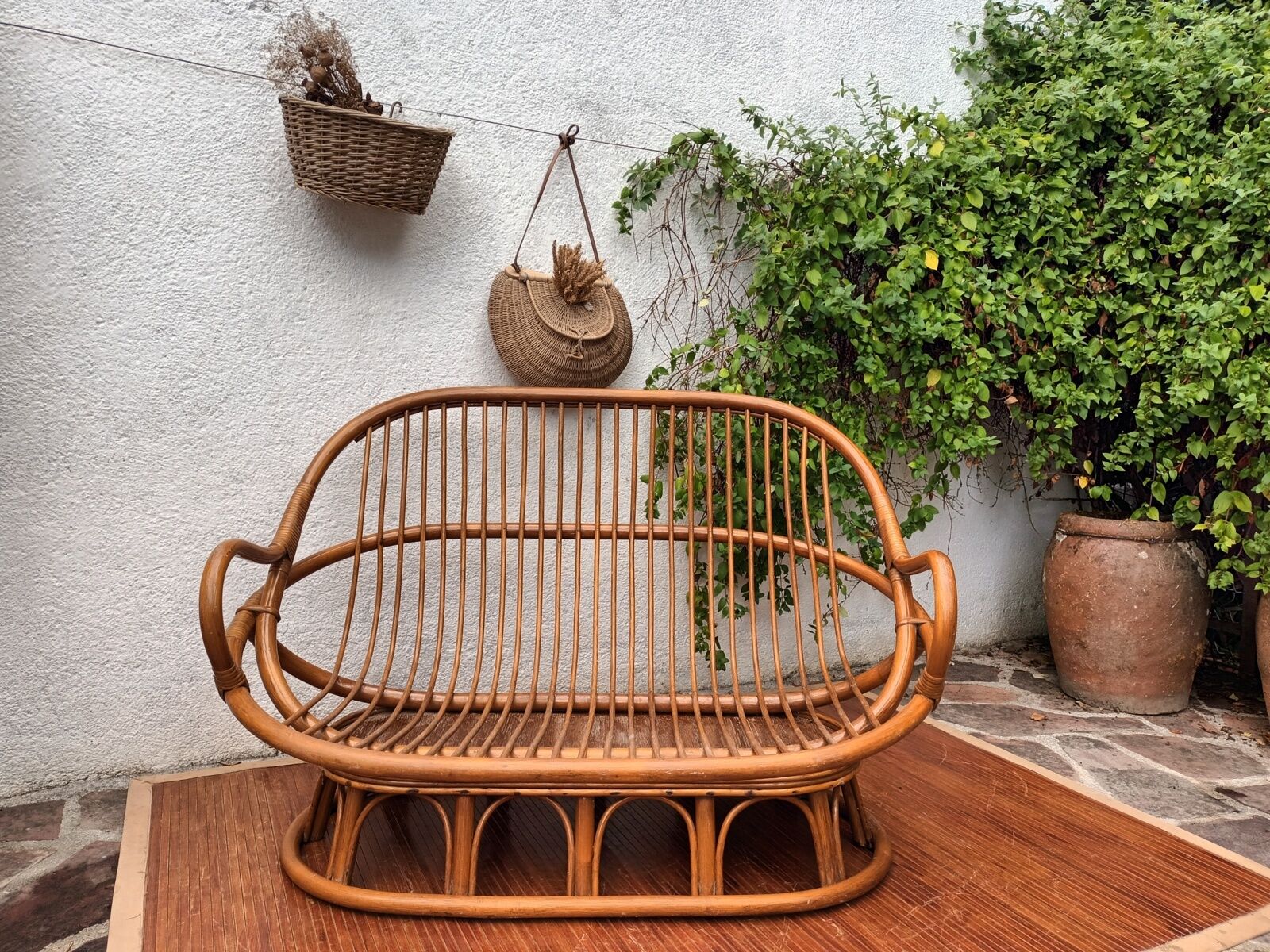 Rattan bench 70s