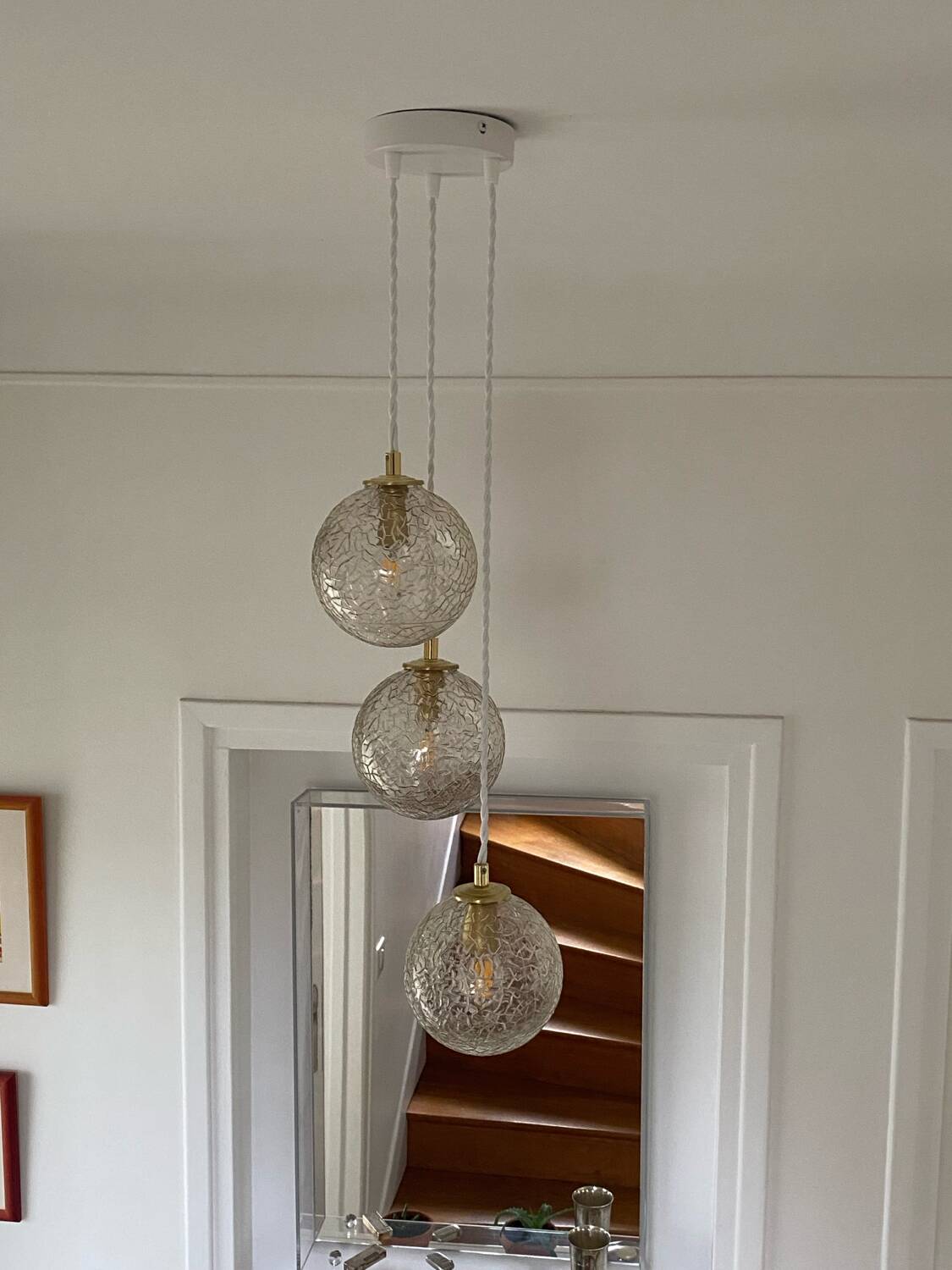 Triple pendant light with vintage glass globes