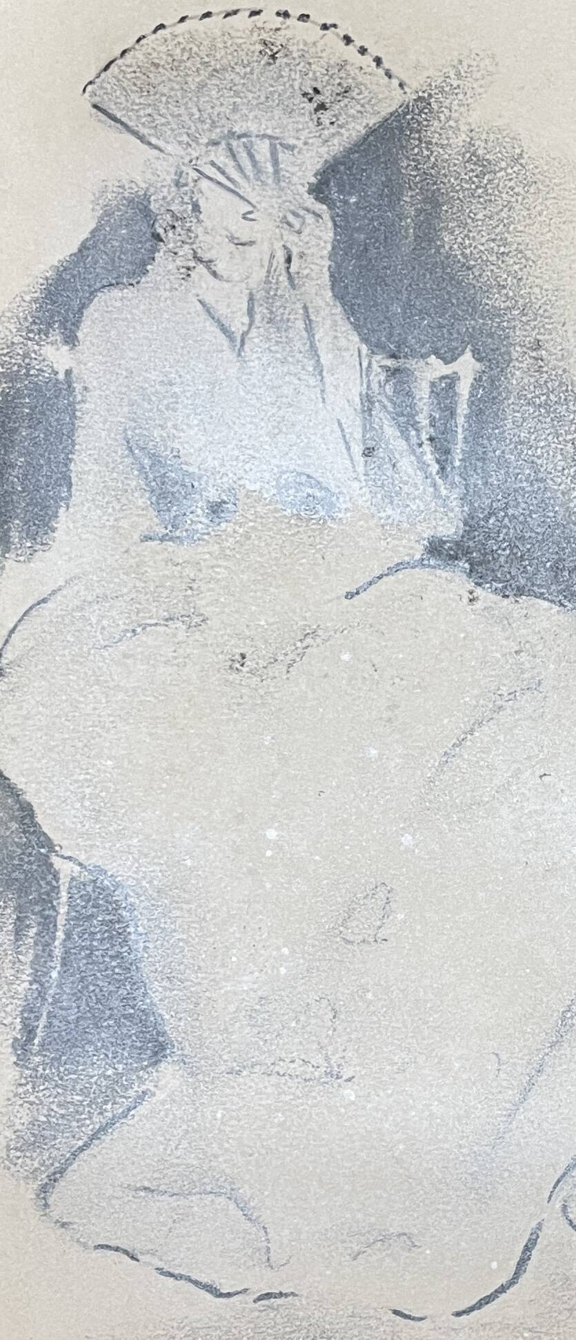 Tableau signé fusain « femme à l’éventail »