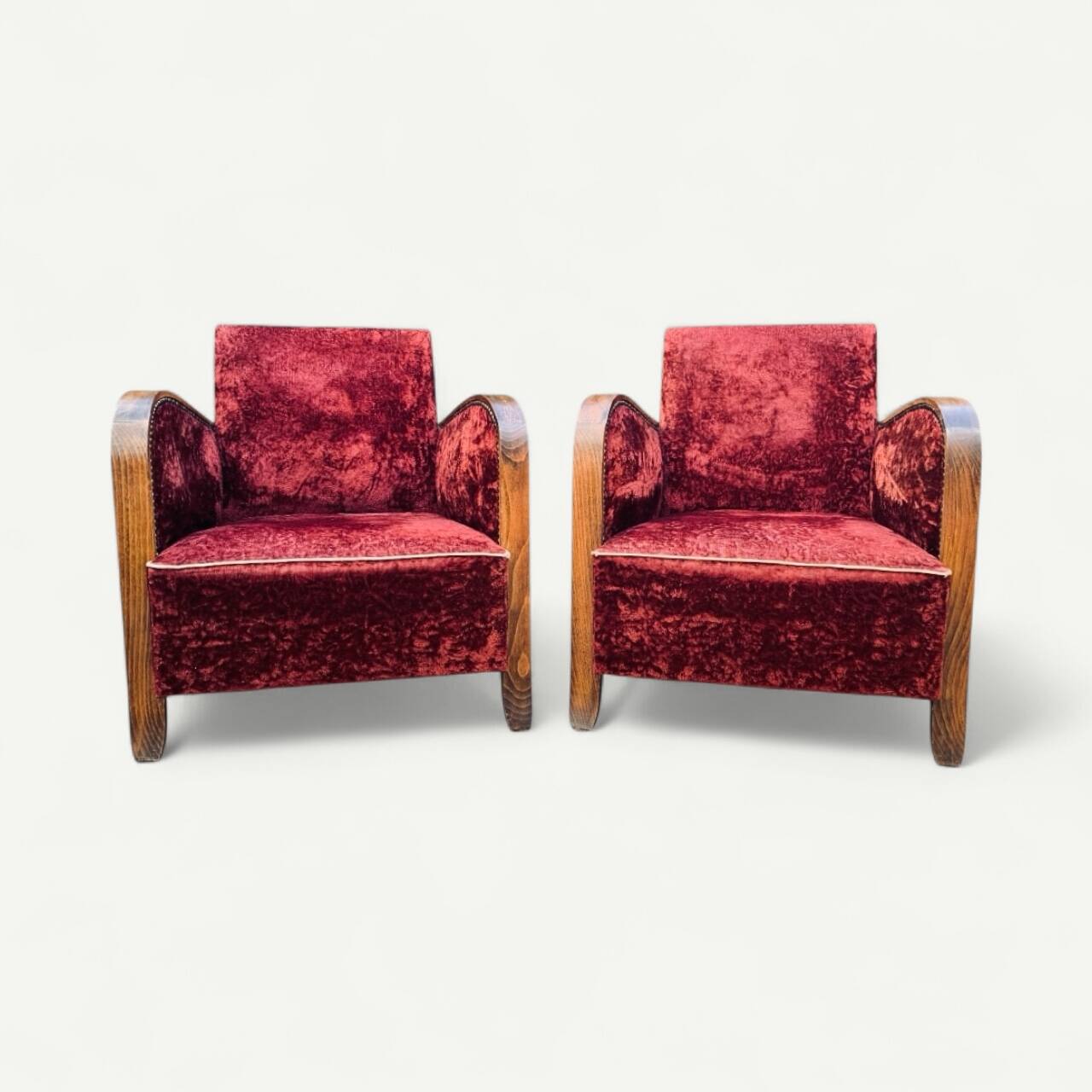 Pair of Art Deco club armchairs in burgundy red velvet, 1930s