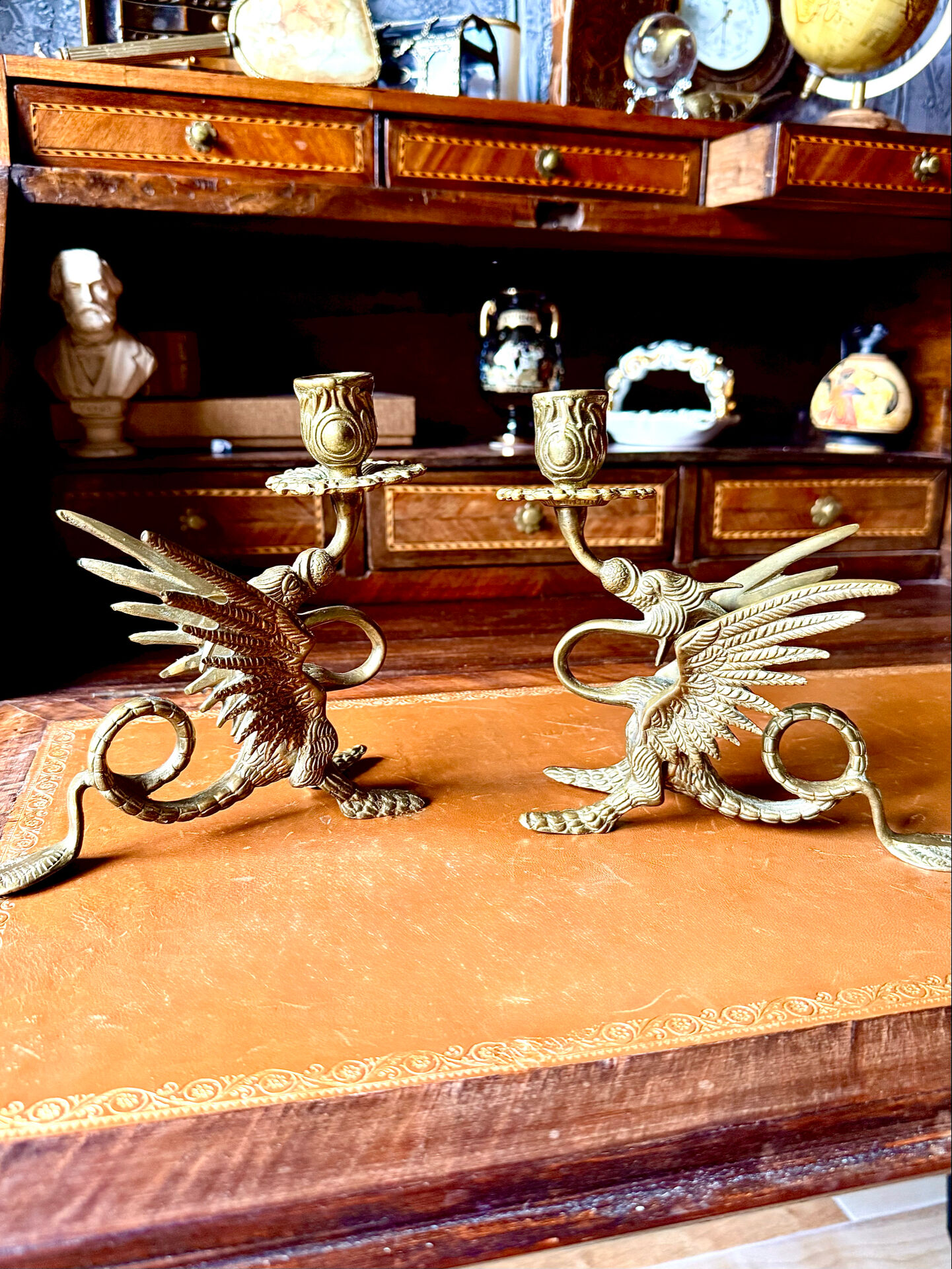 Pair of winged dragon bronze candlesticks Napoleon III 19th century