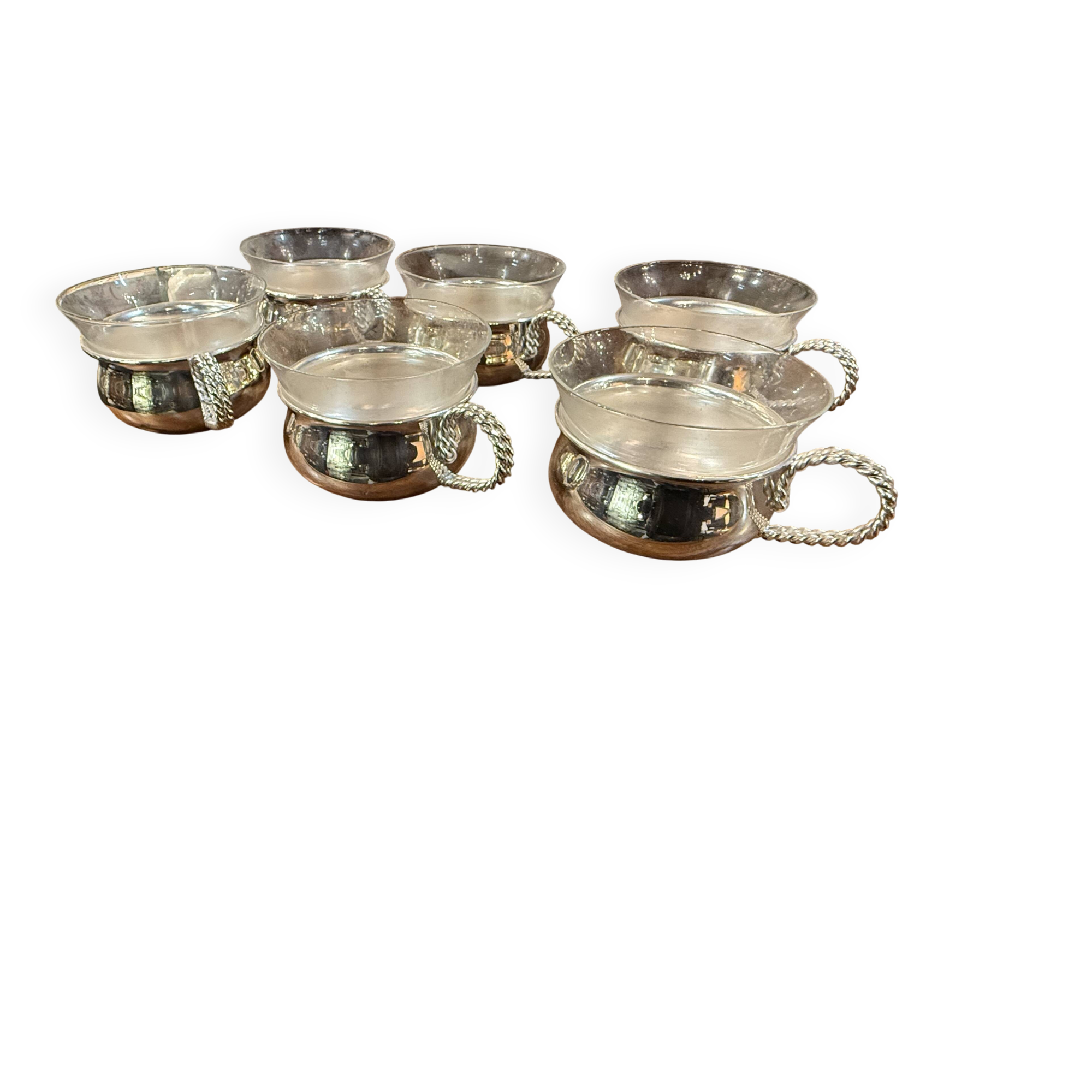 Set of 6 silver-plated metal and glass cups