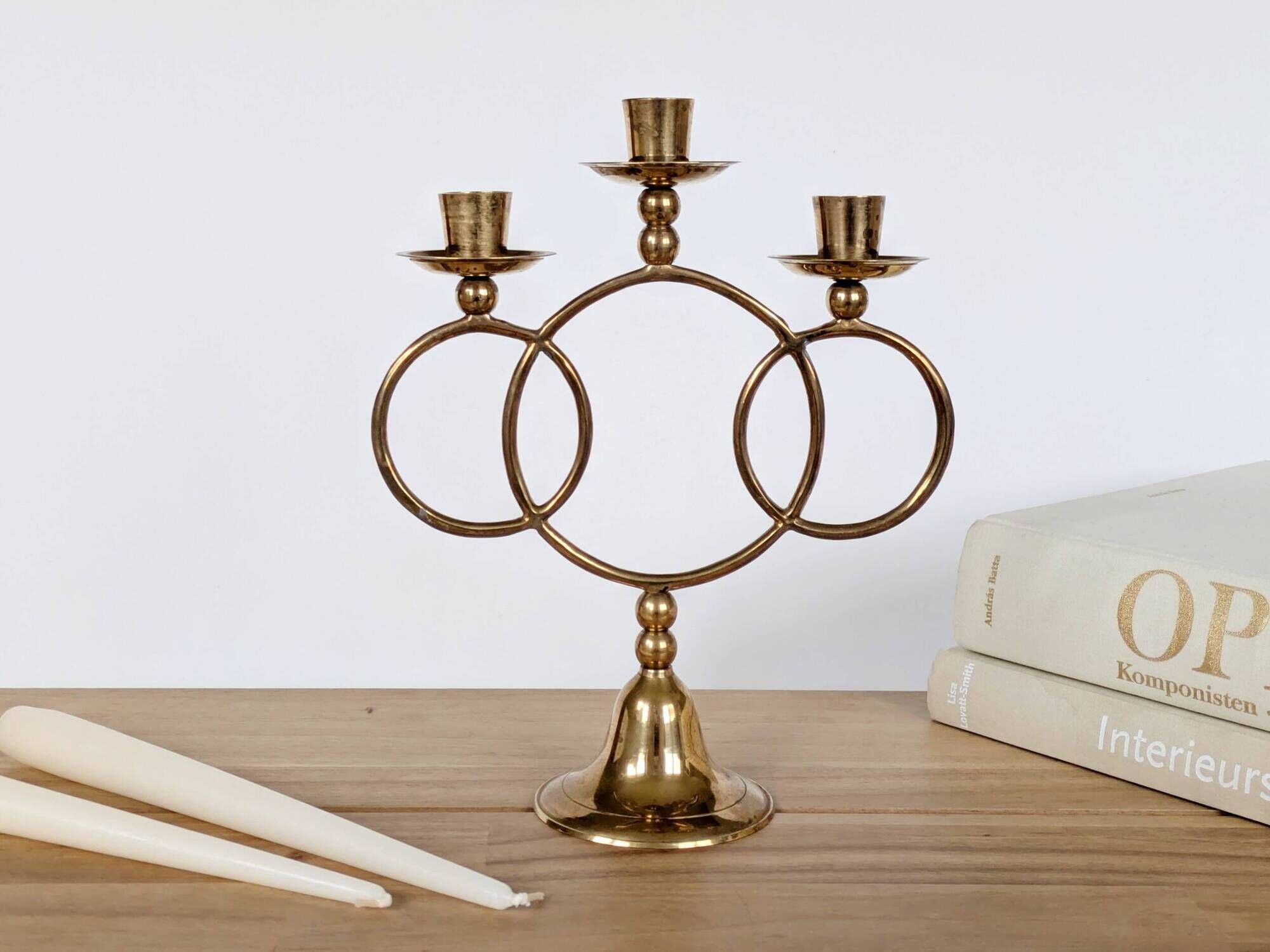 Vintage brass floor chandelier, 3-branch candle holders