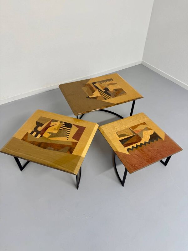 Table basse gigogne marqueterie géométrique design italien vintage
