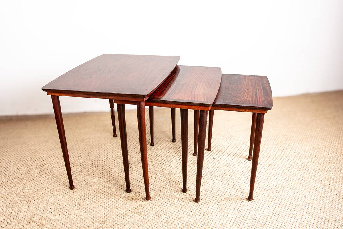 Three Danish nesting tables in rosewood by Mobelintersia 1960.
