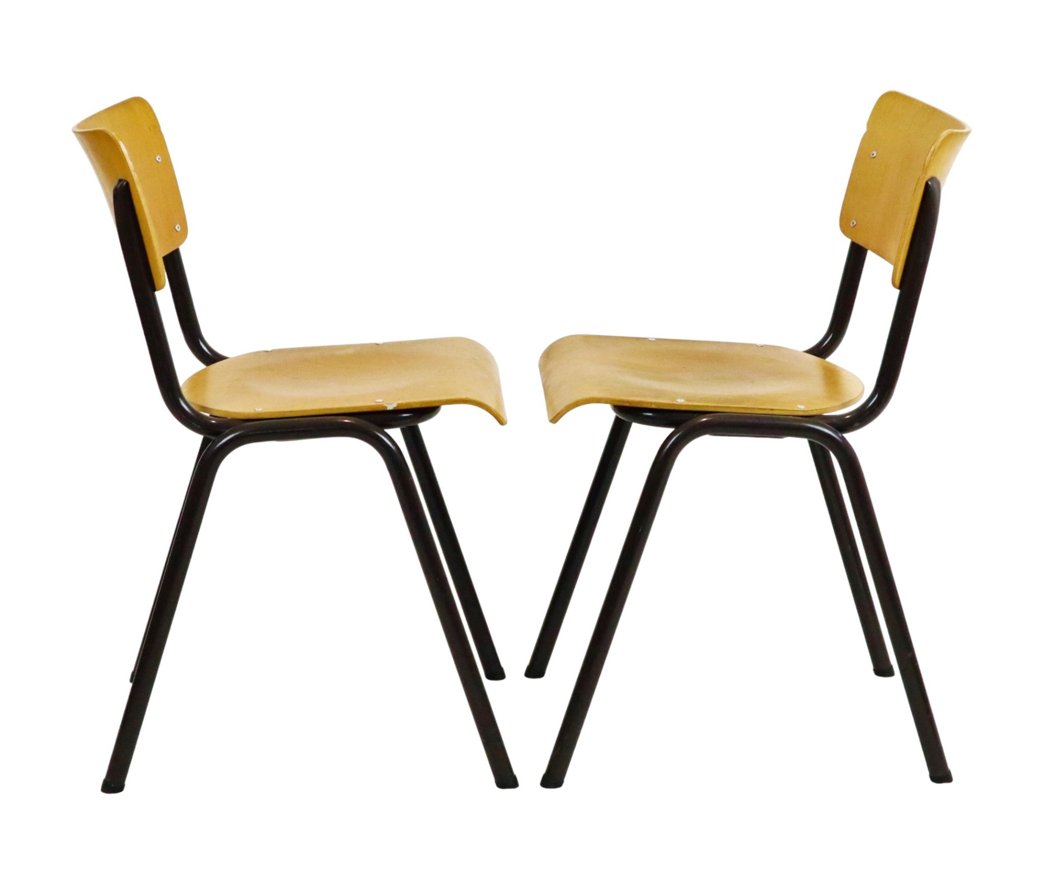 Vintage School Canteen Chairs 1970s Wood and Metal Set of 4