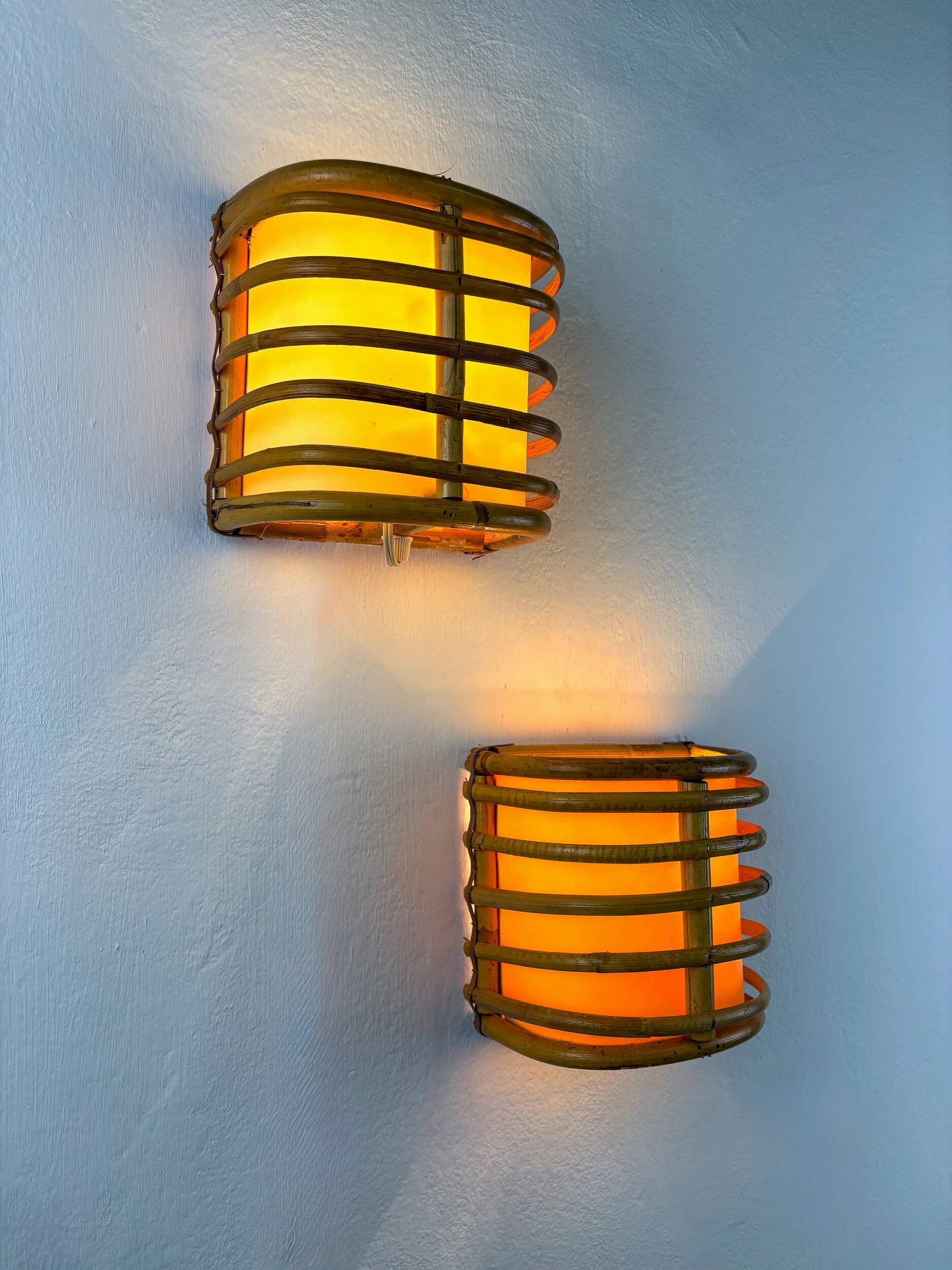 Pair of mid-century rattan wall sconces, 1960s, Italy