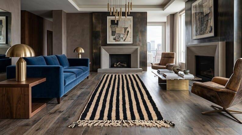 Handmade traditional Beni Ouarain carpet, white and black, 75/300.