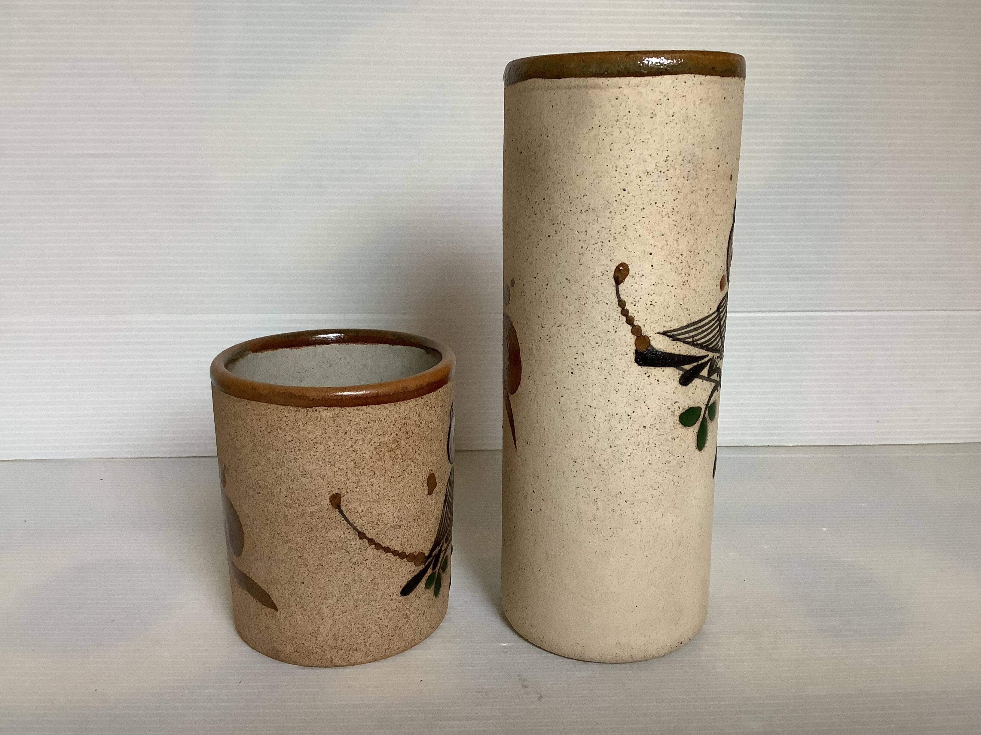Pair of Mexican Tonala owl scroll vases