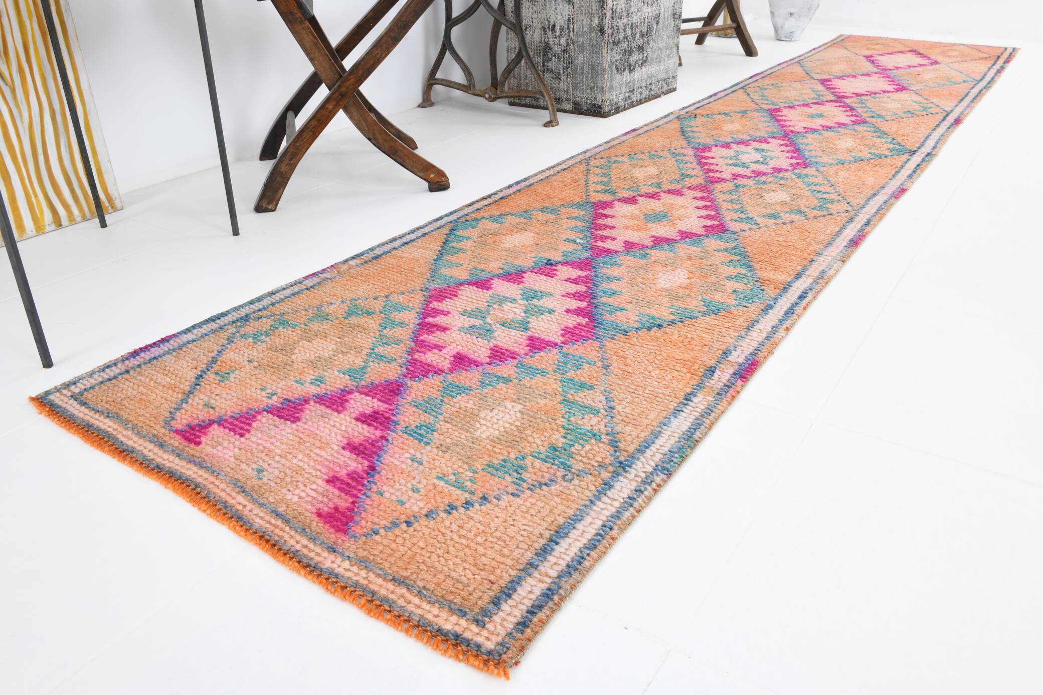 2x12 Rug For Kitchen Orange Herki Vintage Runner Rug, 73x369Cm