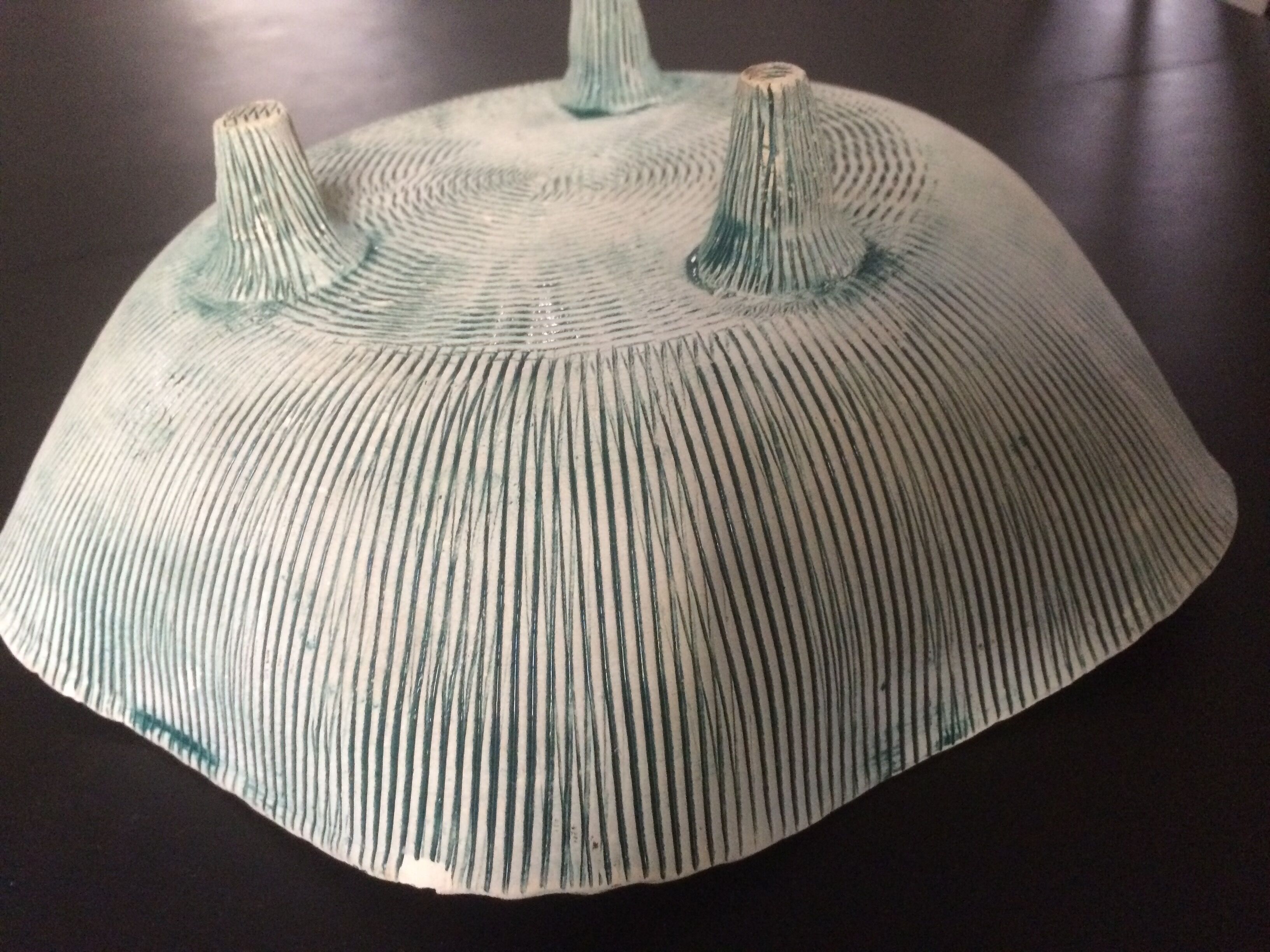 Scarified free-form tripod ceramic cup 50s /60