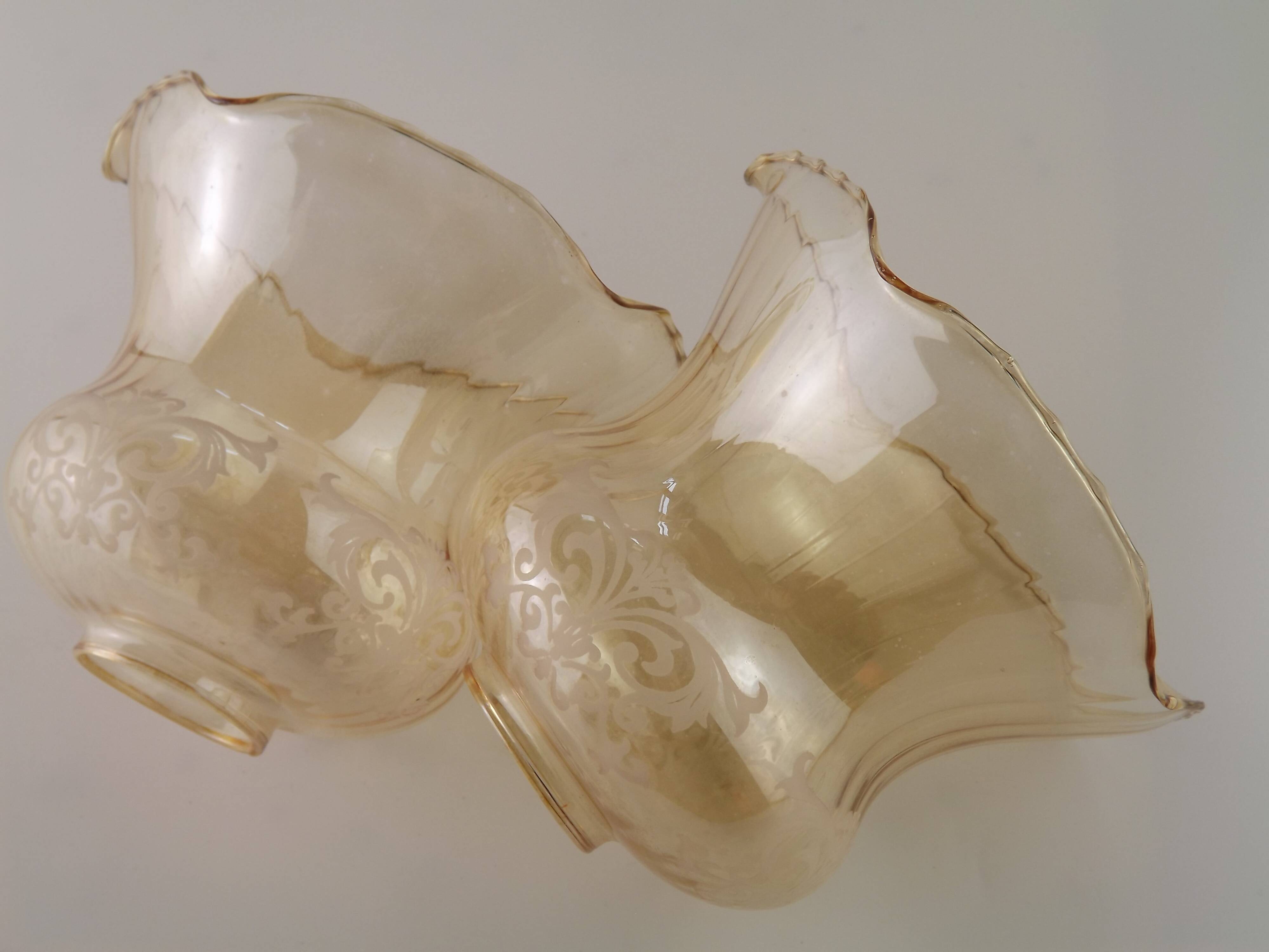 Set of 2 Vintage Glass Bell Shades in Smoked Amber Glass with Scroll Motif 5597