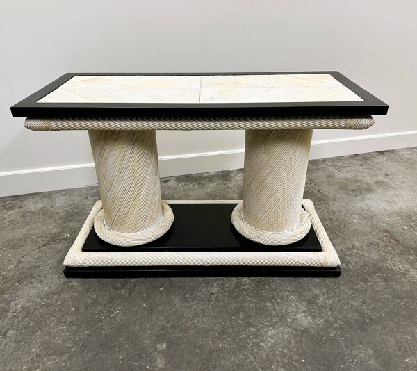 Table console en rotin organique Howard Dilday des années 1970 avec bordure laquée noire.