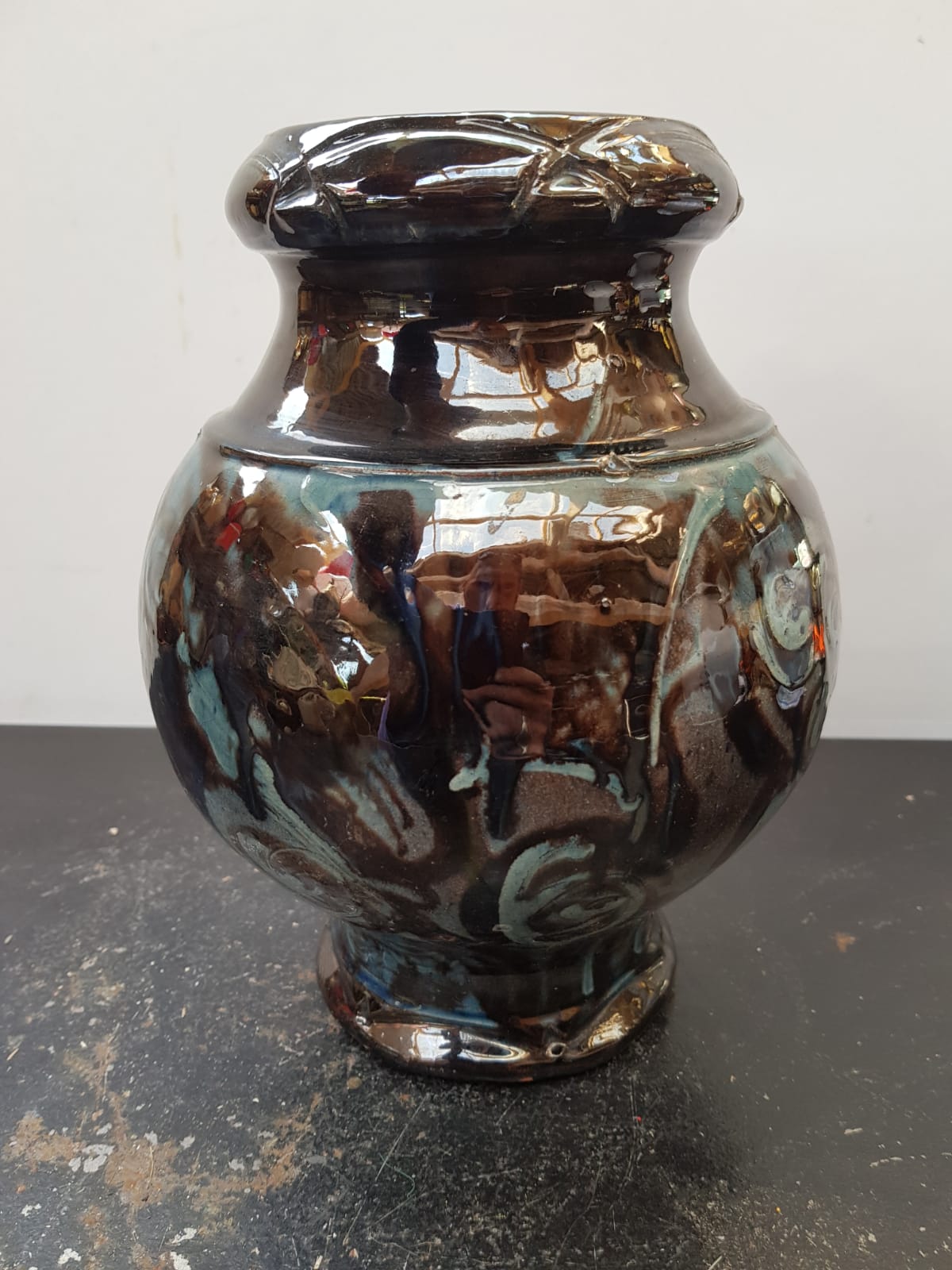 Old Vintage Glossy Varnished Brown & Blue Ceramic Vase