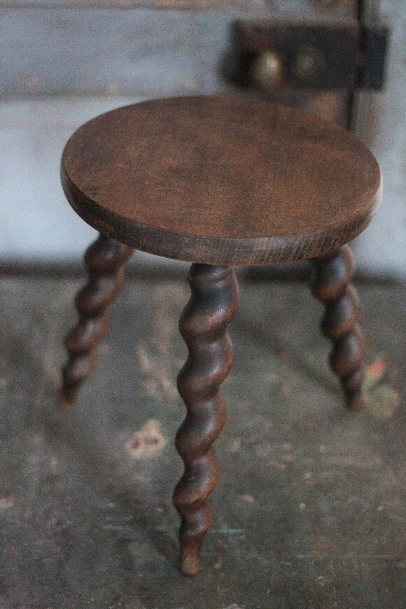 Vintage stool, wooden stool, tripod stool with turned legs, plant stand.