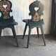 Set of 3 vintage wooden accent chairs, painted in multicolour with floral decoration (1920s)
