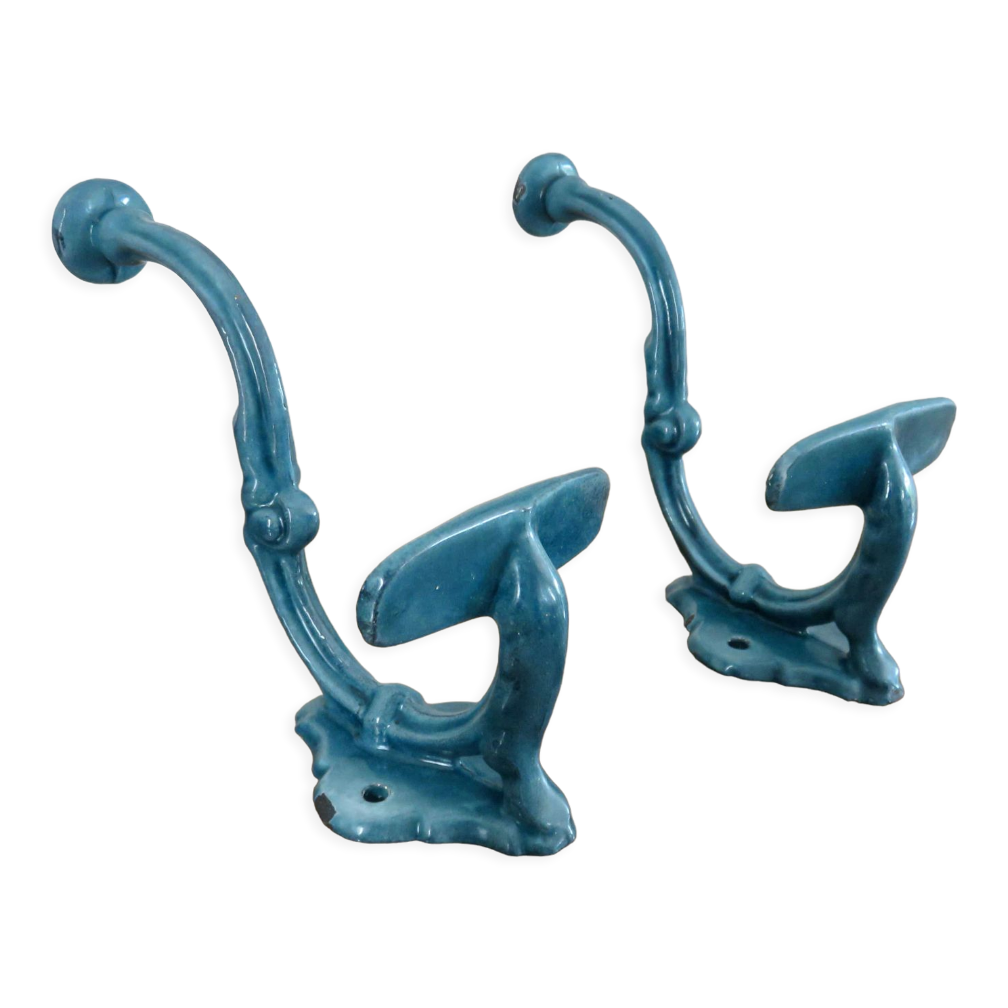 Pair of hooks in blue enamelled cast iron, art deco 30s 40s
