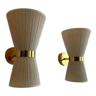 Pair of vintage wall lamps, solid brass and pleated unbleached fabric, Italy 1980