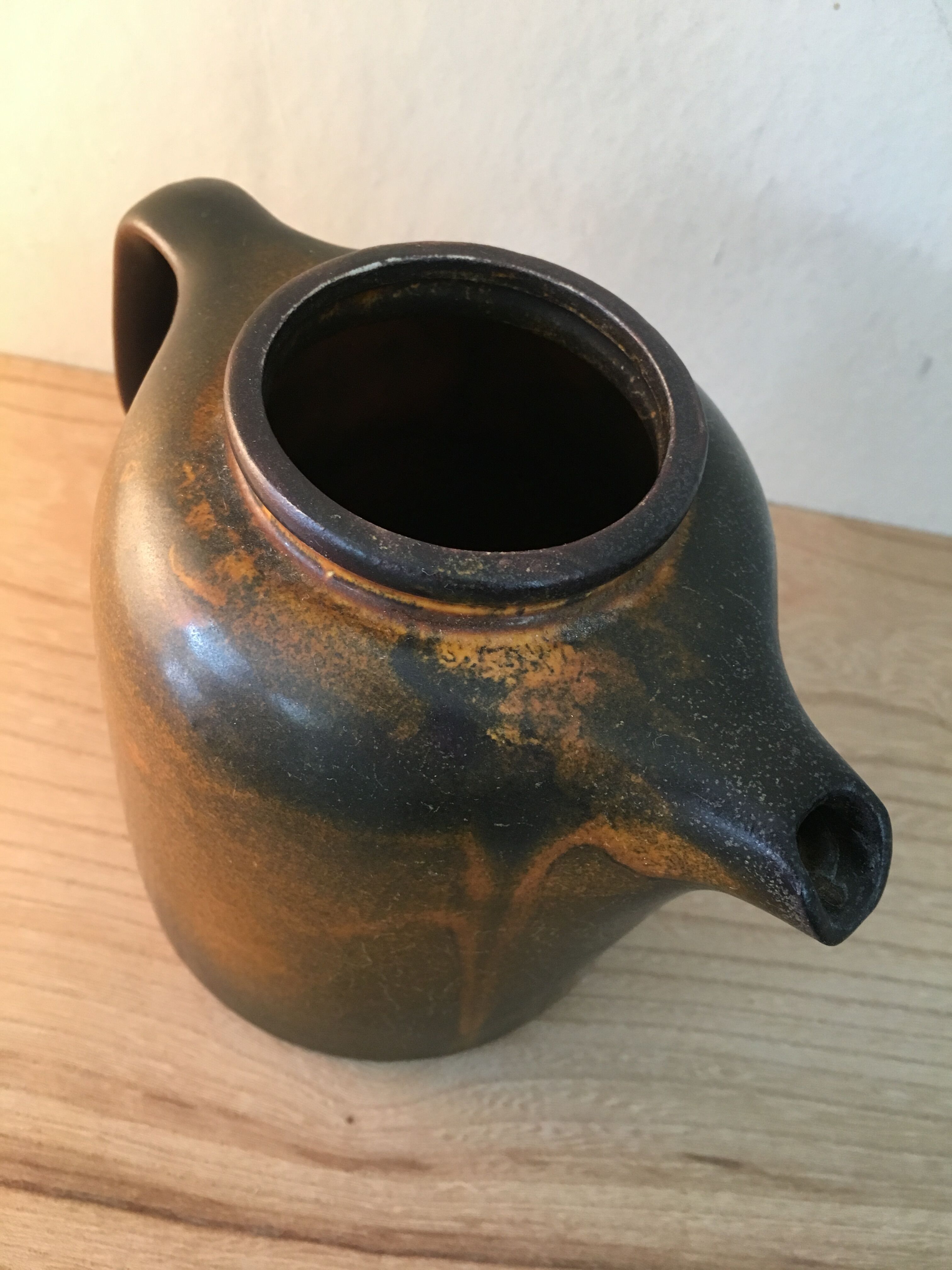 Beautiful sandstone teapot enamel brown and orange