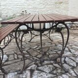 Garden lounge table and 2 cast iron and oak benches