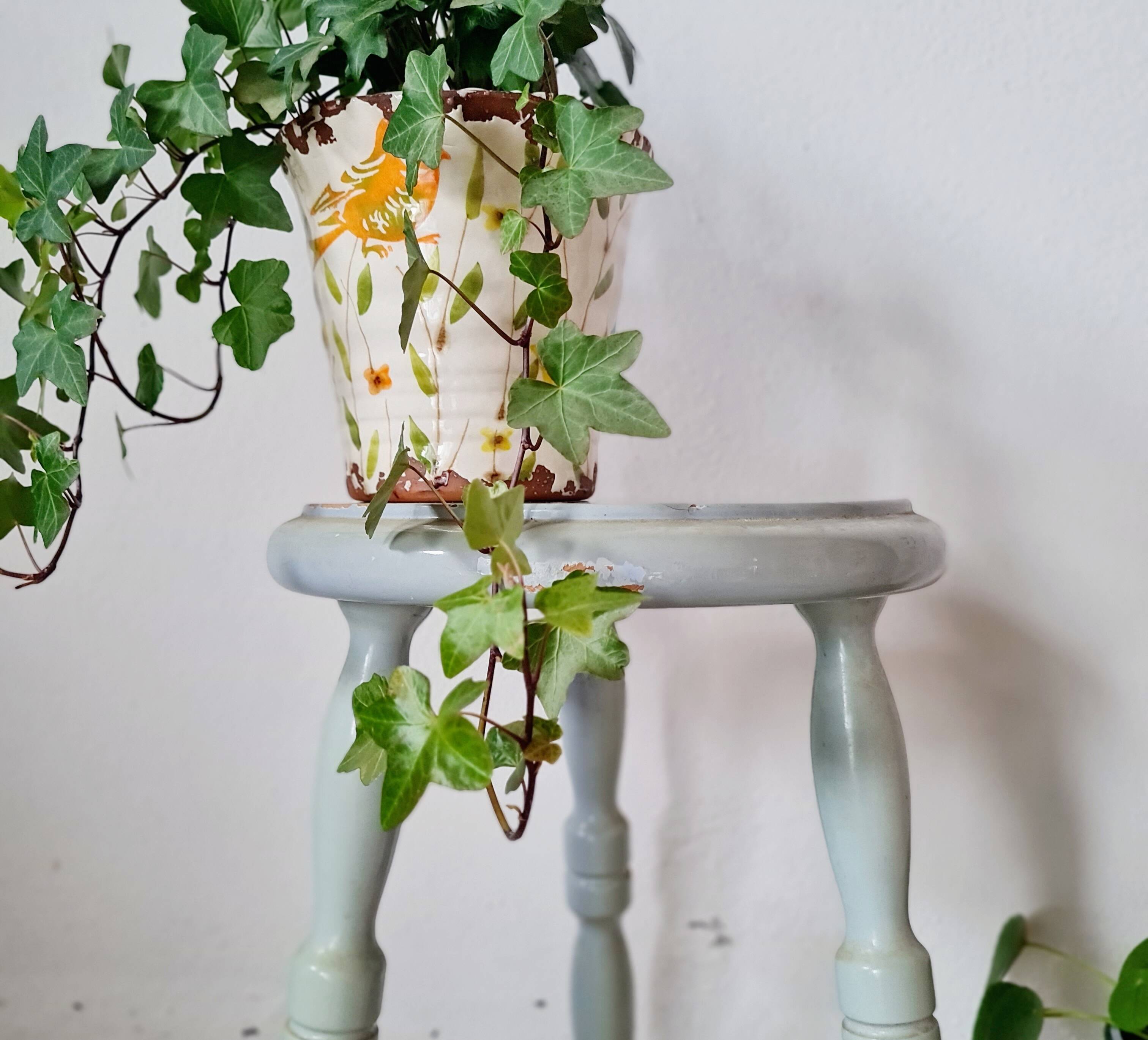 Antique tripod stool made of solid wood in blue.