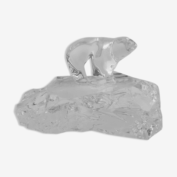 Hadeland Norvay Willy Johansson crystal glass polar bear on ice paperweight, vintage