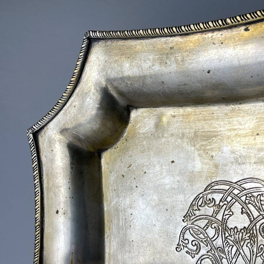 Antique silver plateau by Queen Victoria Sheffield, 1890s.