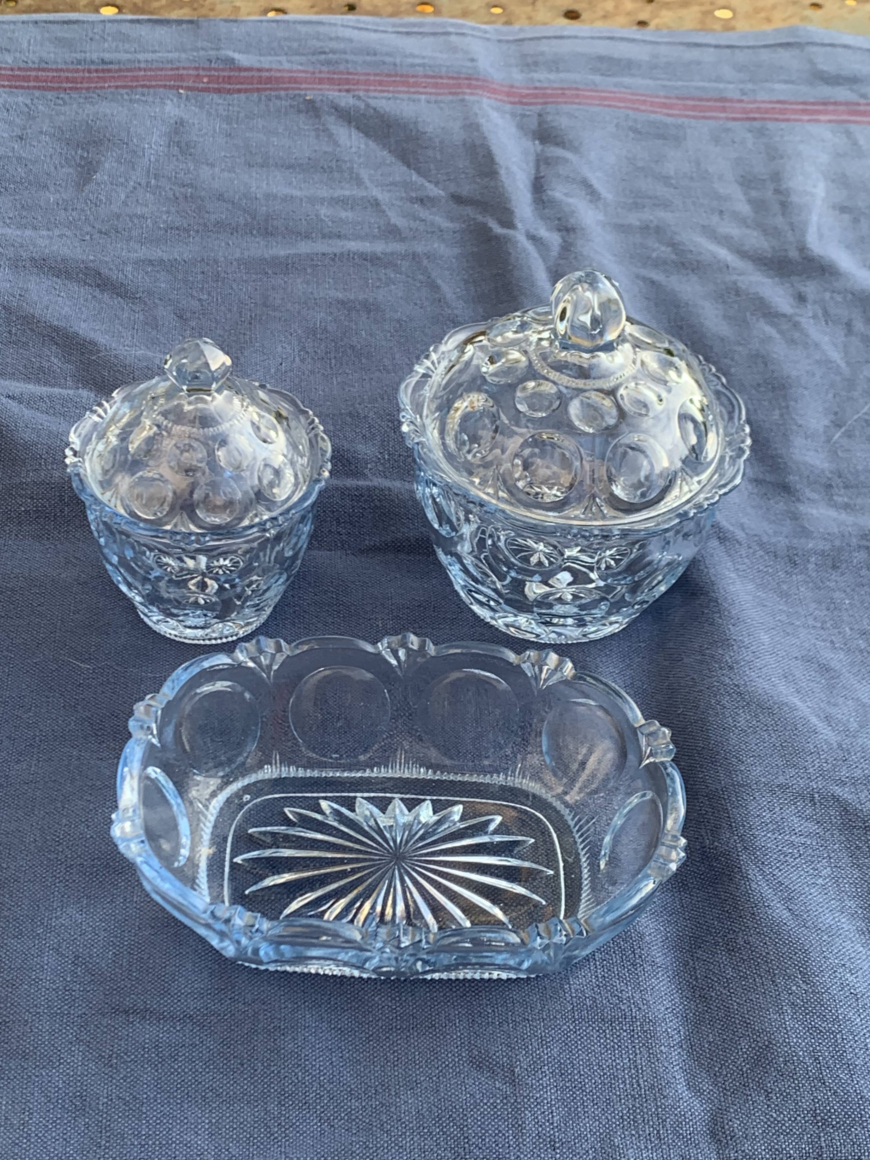 Lot consisting of 3 glassware, lavender blue, two jars with lids and a pocket emptier, vintage
