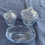 Lot consisting of 3 glassware, lavender blue, two jars with lids and a pocket emptier, vintage