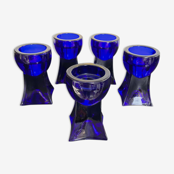 Série 5 bougeoirs vintage en verre bleu