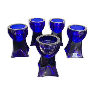Series 5 vintage candle holders in blue glass