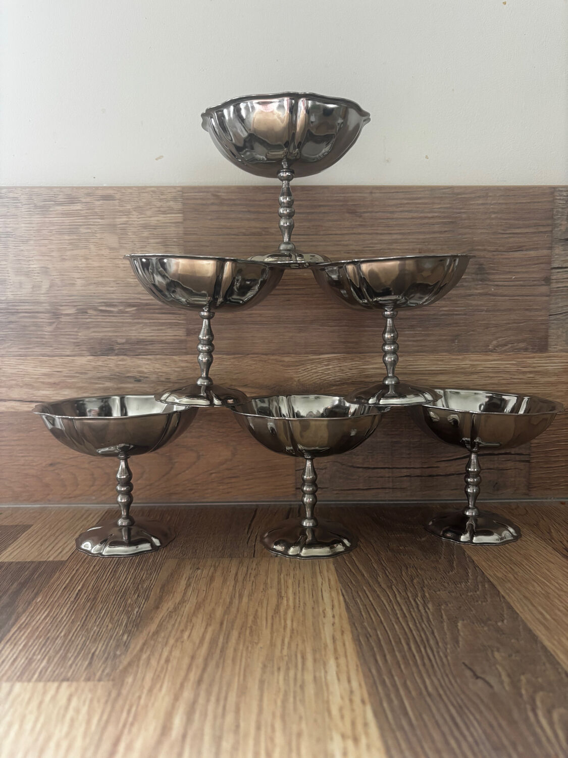 Vintage set of 6 finely engraved stainless steel bowls.