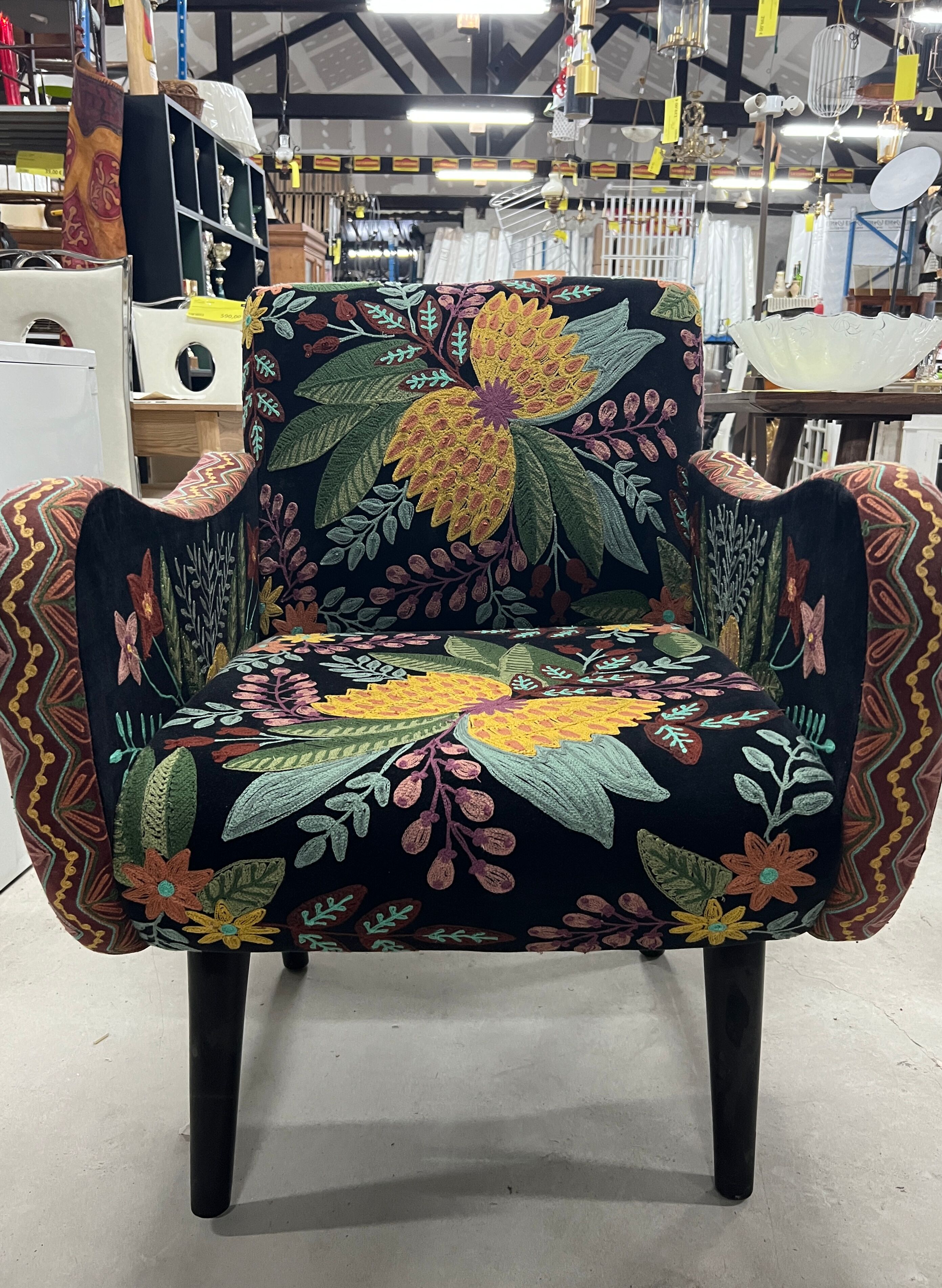 British style armchair in embroidered black velvet and legs in solid black mango tree