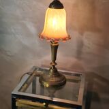 Art deco bronze lamp with pretty purple tulip, 41x15 electricity ok