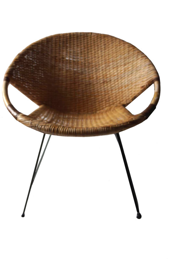 Rocking chair rotin tressé bambou et cuir structure métallique noire