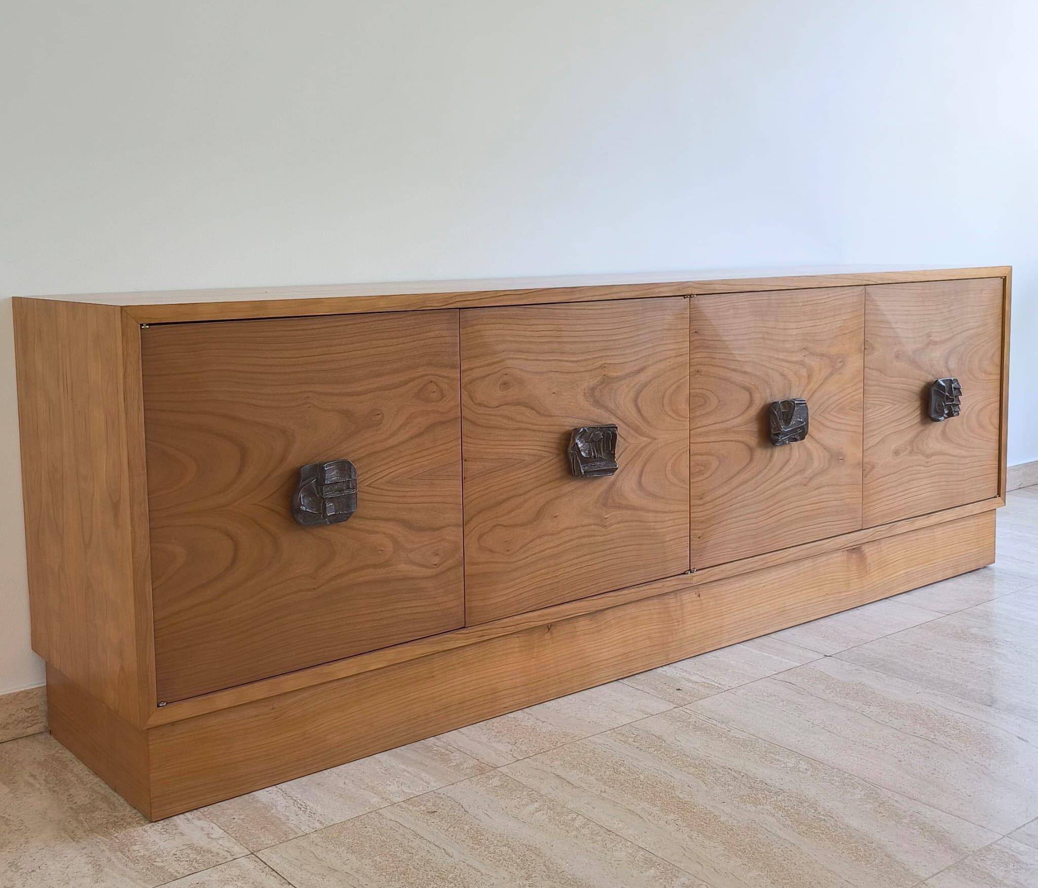 Italian Sideboard – Sculptural Wood with Bronze Handles, 1970s