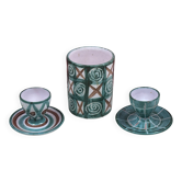 Rare brush pot + 2 egg cups Signed R.P. Robert Picault Vallauris Wine