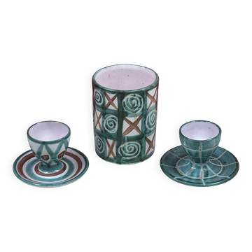 Rare brush pot + 2 egg cups Signed R.P. Robert Picault Vallauris Wine