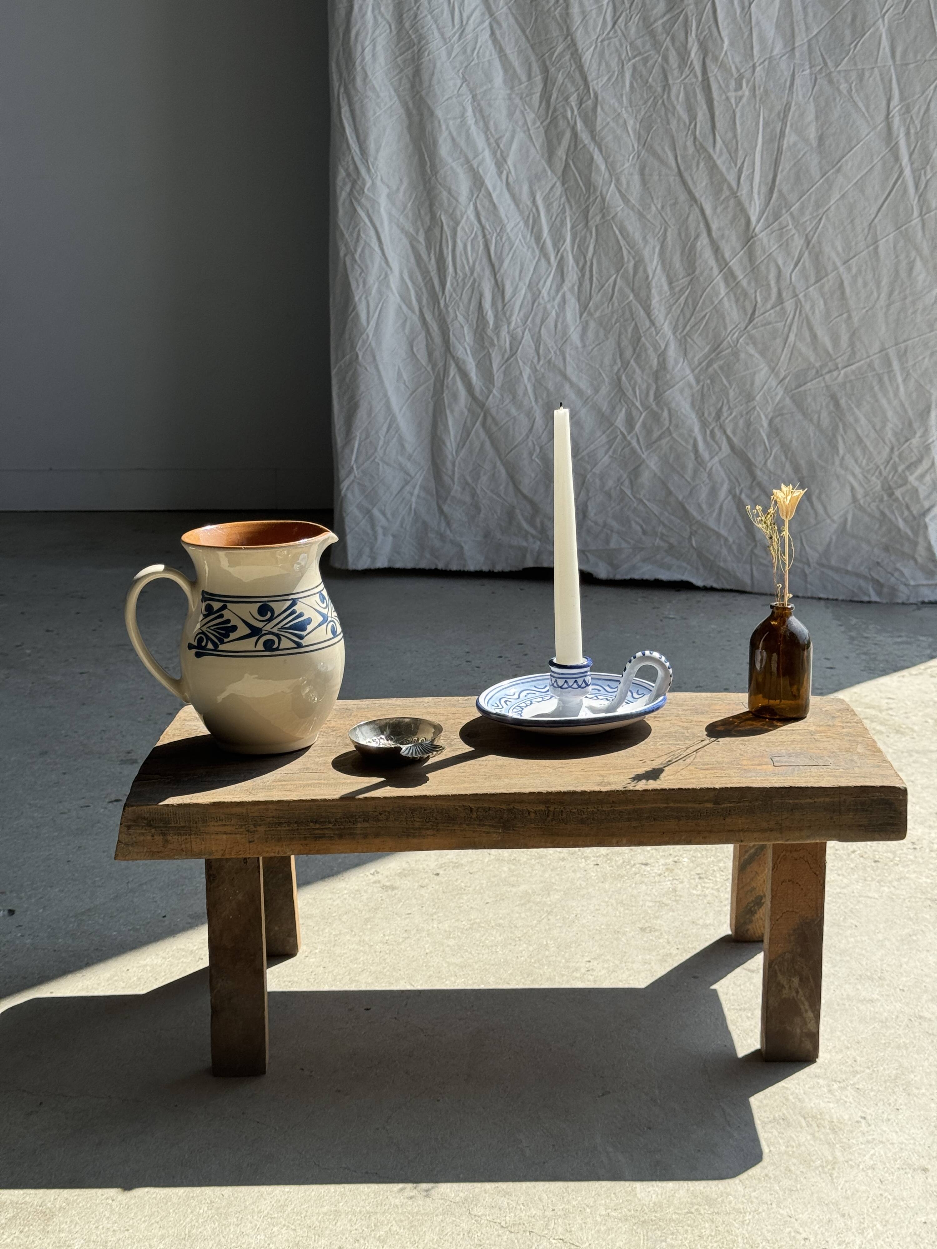 Small handmade white candle holder with blue geometric frieze pattern H7