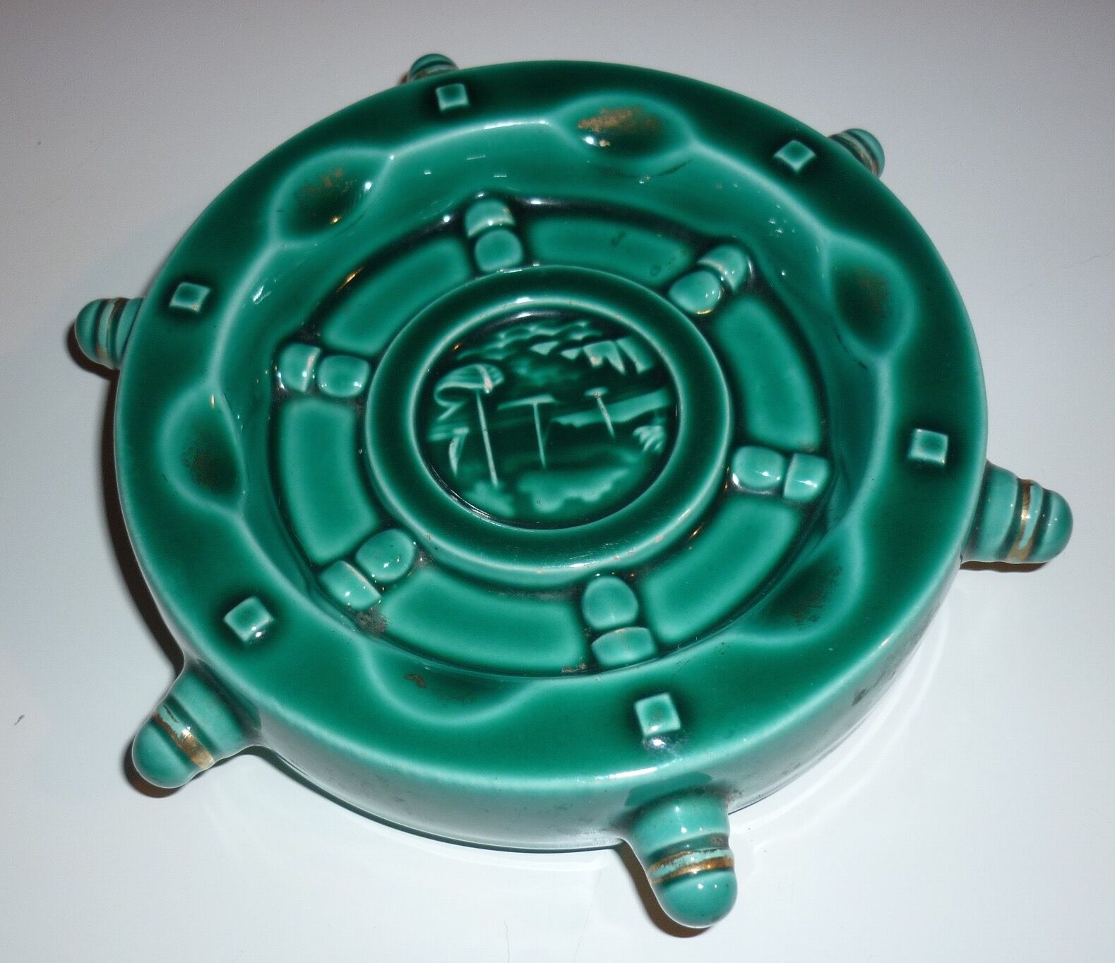 Vallauris green and gold boat wheel ashtray