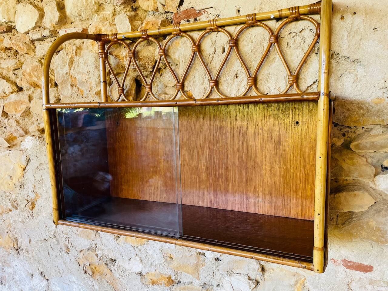 Vintage rattan and bamboo wall shelf with glass door cabinet, 1960s