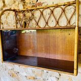 Vintage rattan and bamboo wall shelf with glass door cabinet, 1960s